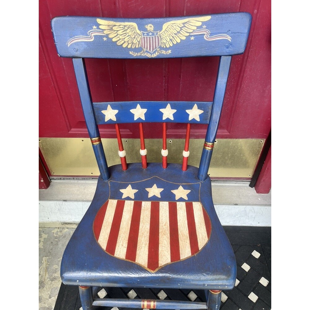 Vintage Hand Painted Wooden Red White & Blue Chair Signed Patriotic USA Holiday